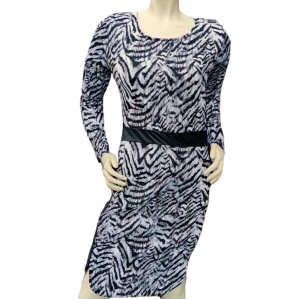 Kim Kardashian White Tiger Dress Sz Large Long Sleeve Faux Leather Accent